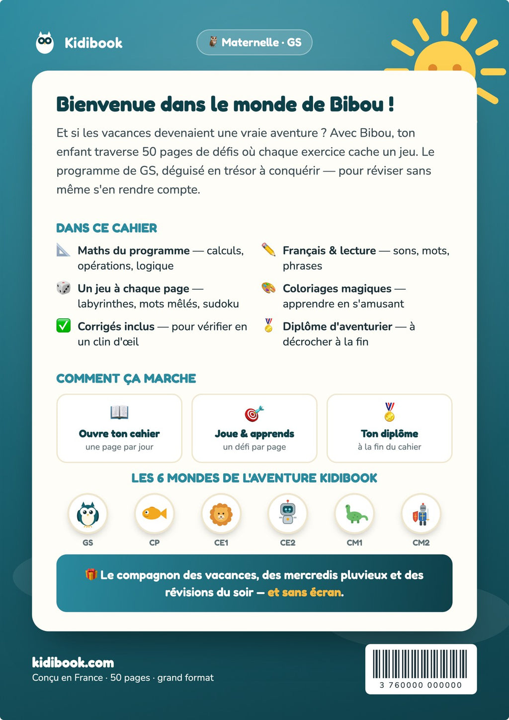 Dos du livre (4e de couverture) — Mon cahier de vacances Grande Section — Kidibook