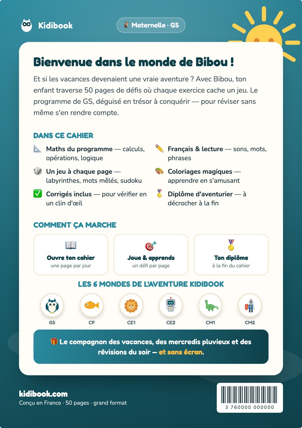 Dos du livre (4e de couverture) — Mon cahier de vacances Grande Section — Kidibook