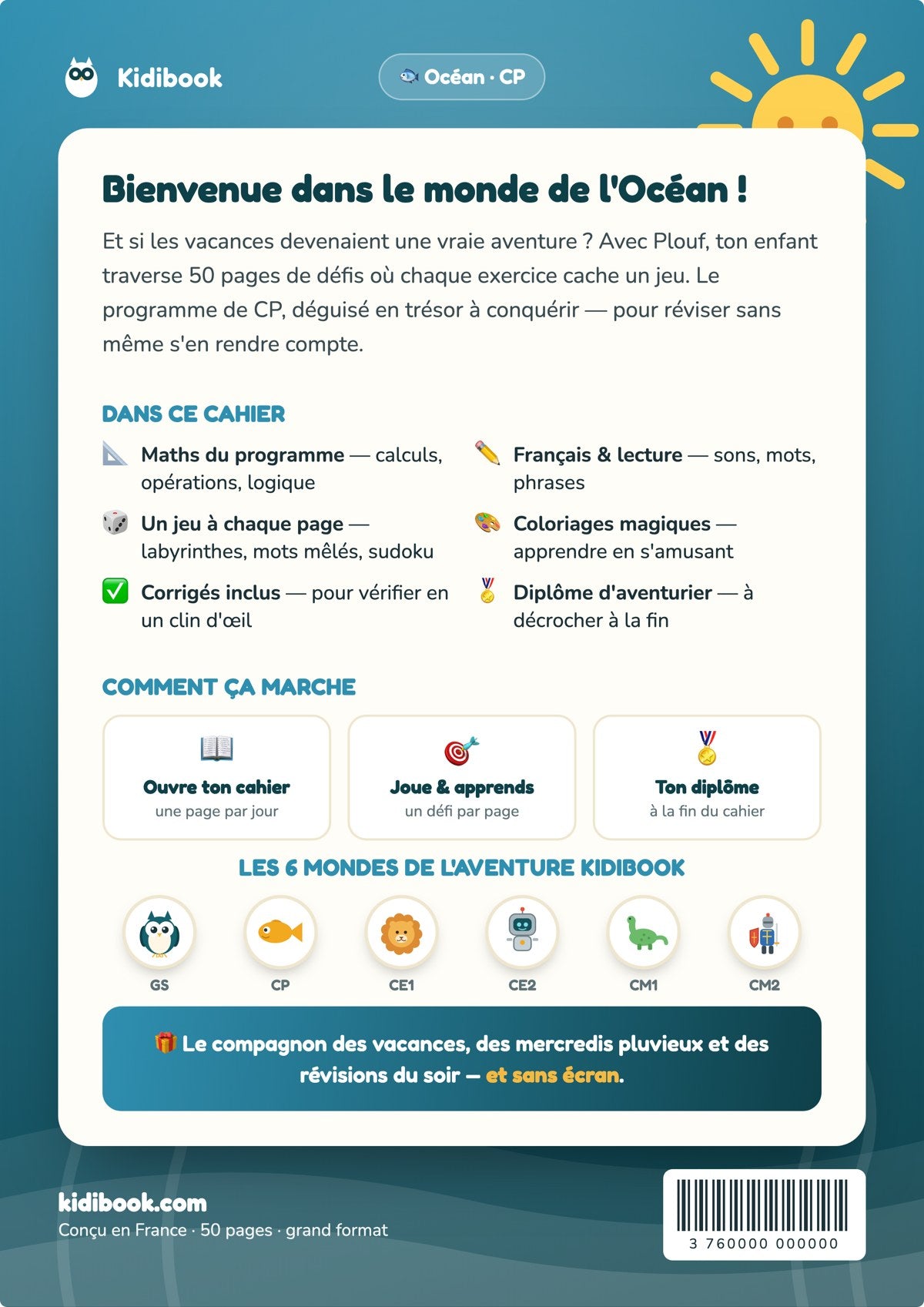 Dos du livre (4e de couverture) — Mon cahier de vacances CP — Kidibook