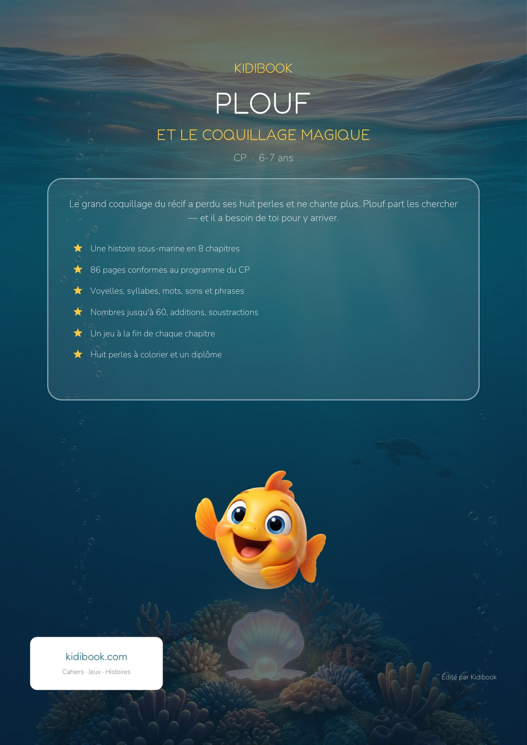 Dos du livre (4e de couverture) — Plouf et le Coquillage Magique — Grand cahier d'activités CP