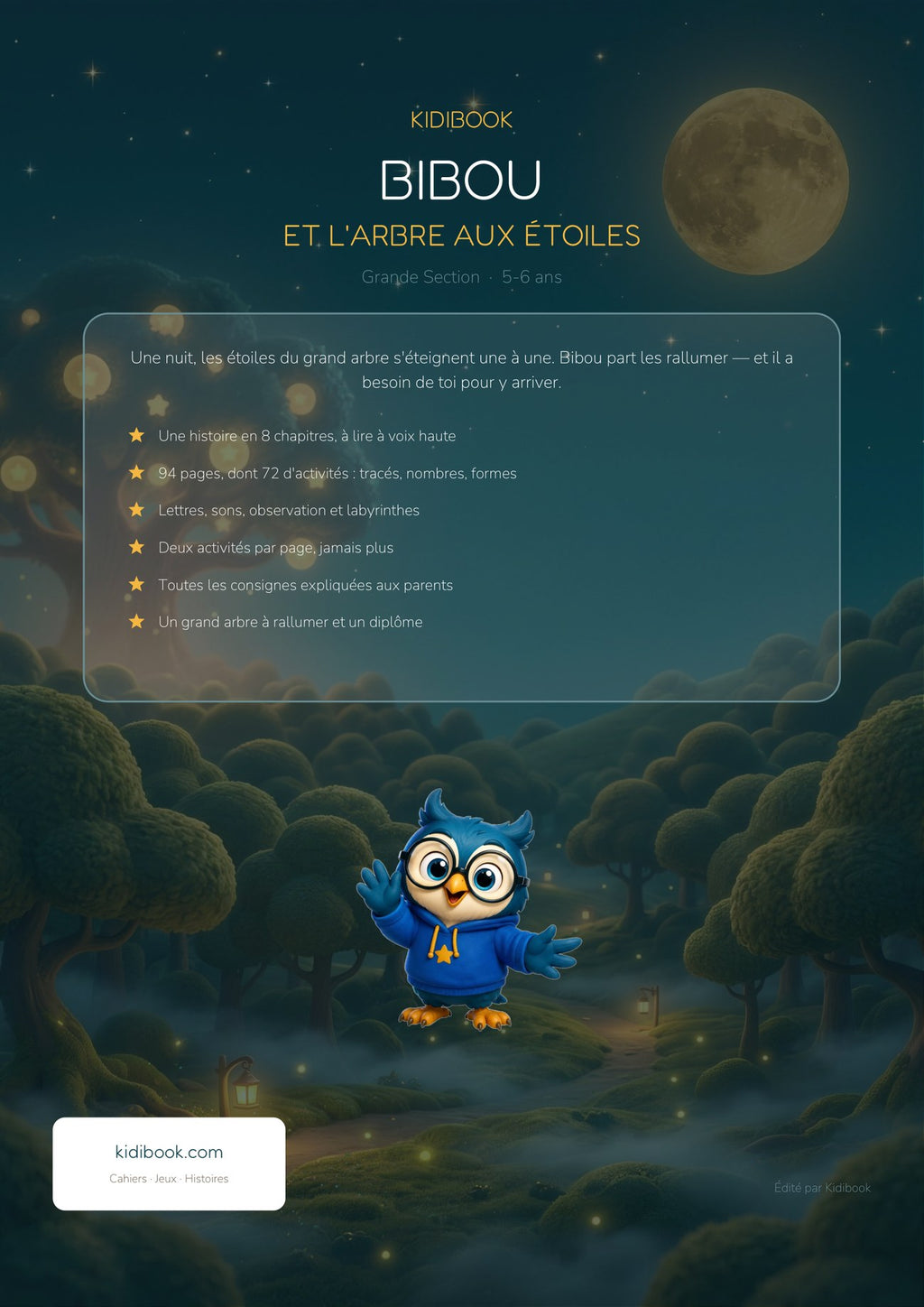 Dos du livre (4e de couverture) — Bibou et l'Arbre aux Étoiles — Grand cahier d'activités GS