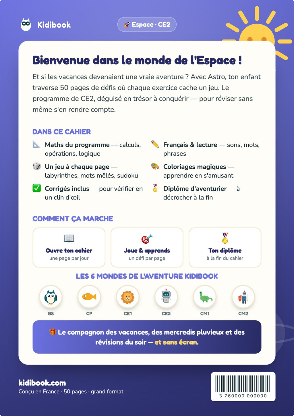 Dos du livre (4e de couverture) — Mon cahier de vacances CE2 — Kidibook