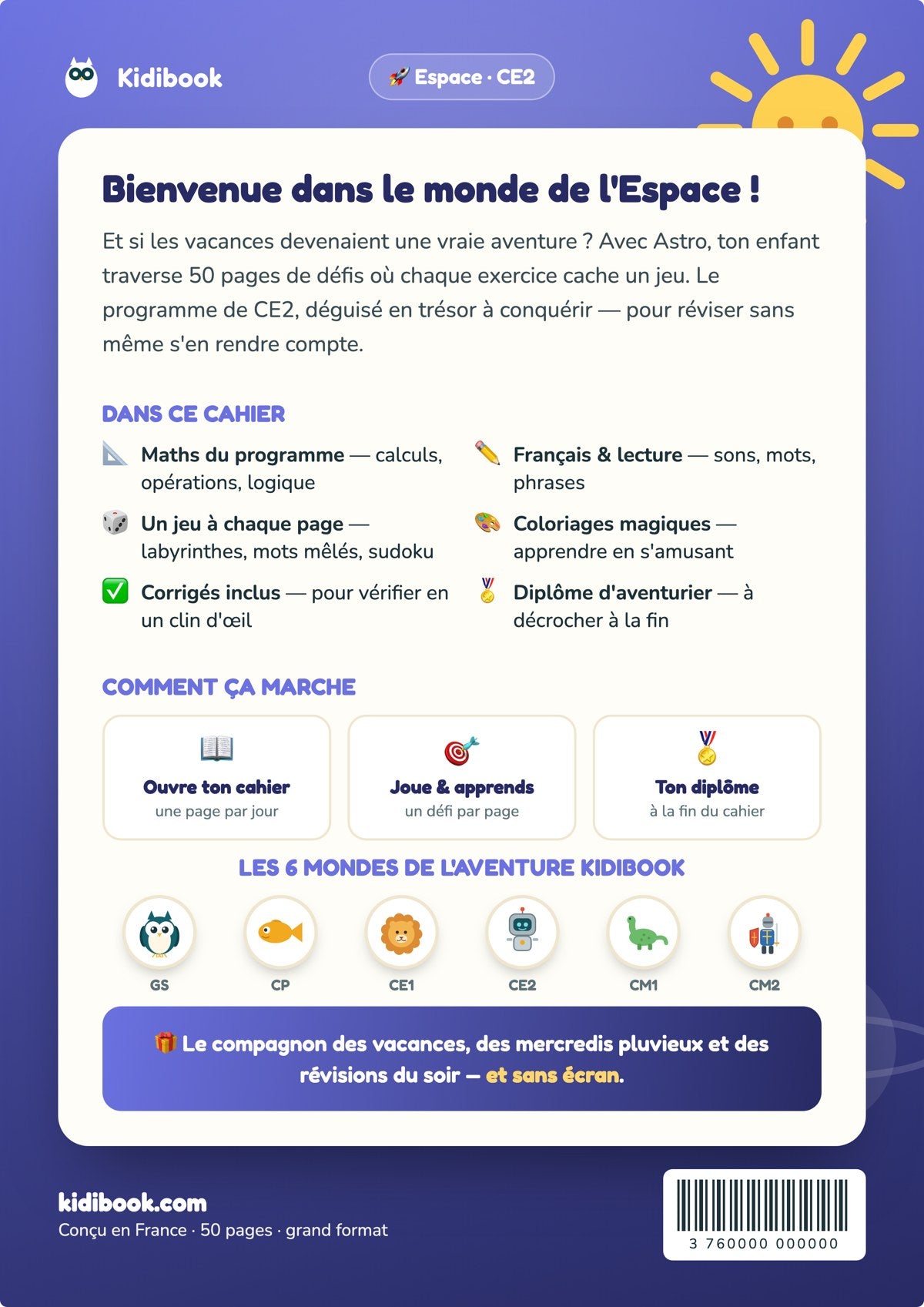 Dos du livre (4e de couverture) — Mon cahier de vacances CE2 — Kidibook