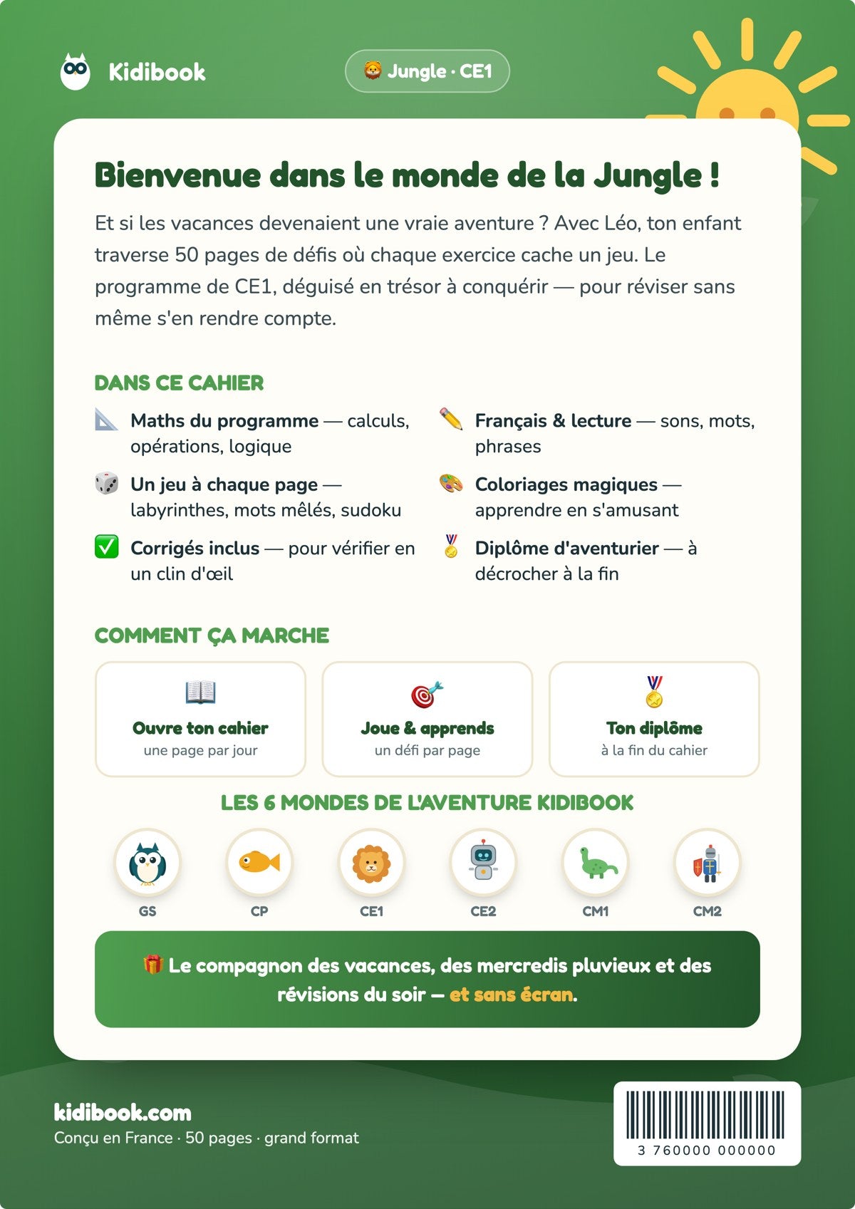 Dos du livre (4e de couverture) — Mon cahier de vacances CE1 — Kidibook