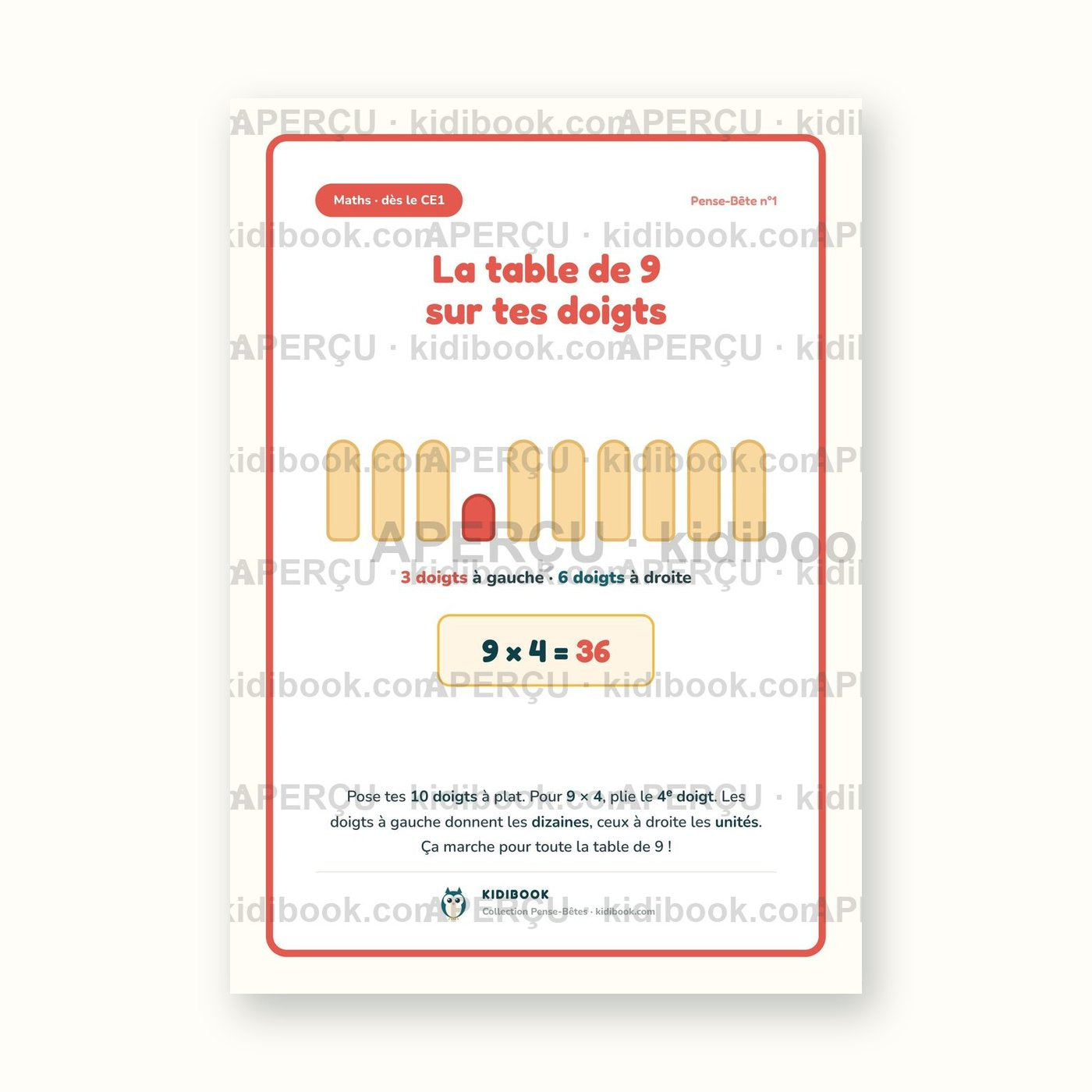 Affiche « La table de 9 sur les doigts »