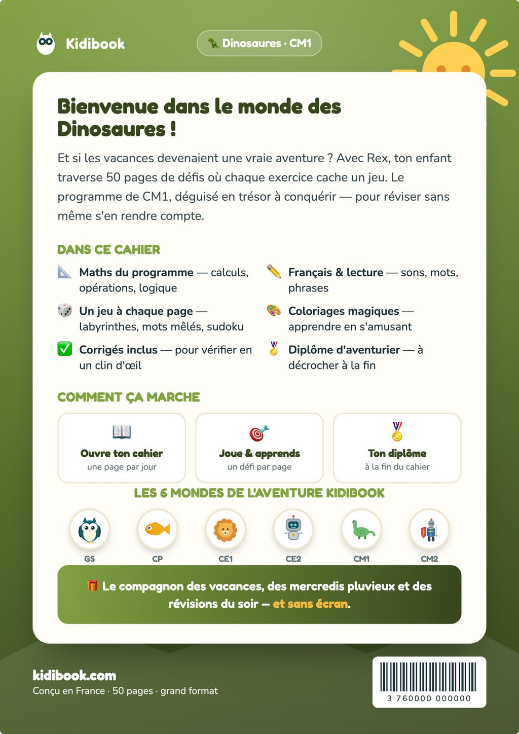 Dos du livre (4e de couverture) — Mon cahier de vacances CM1 — Kidibook