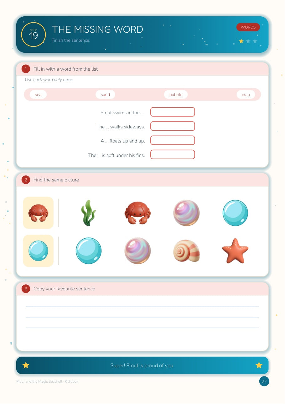 Plouf and the Magic Seashell — Large Grade 1 Activity Book — inside page