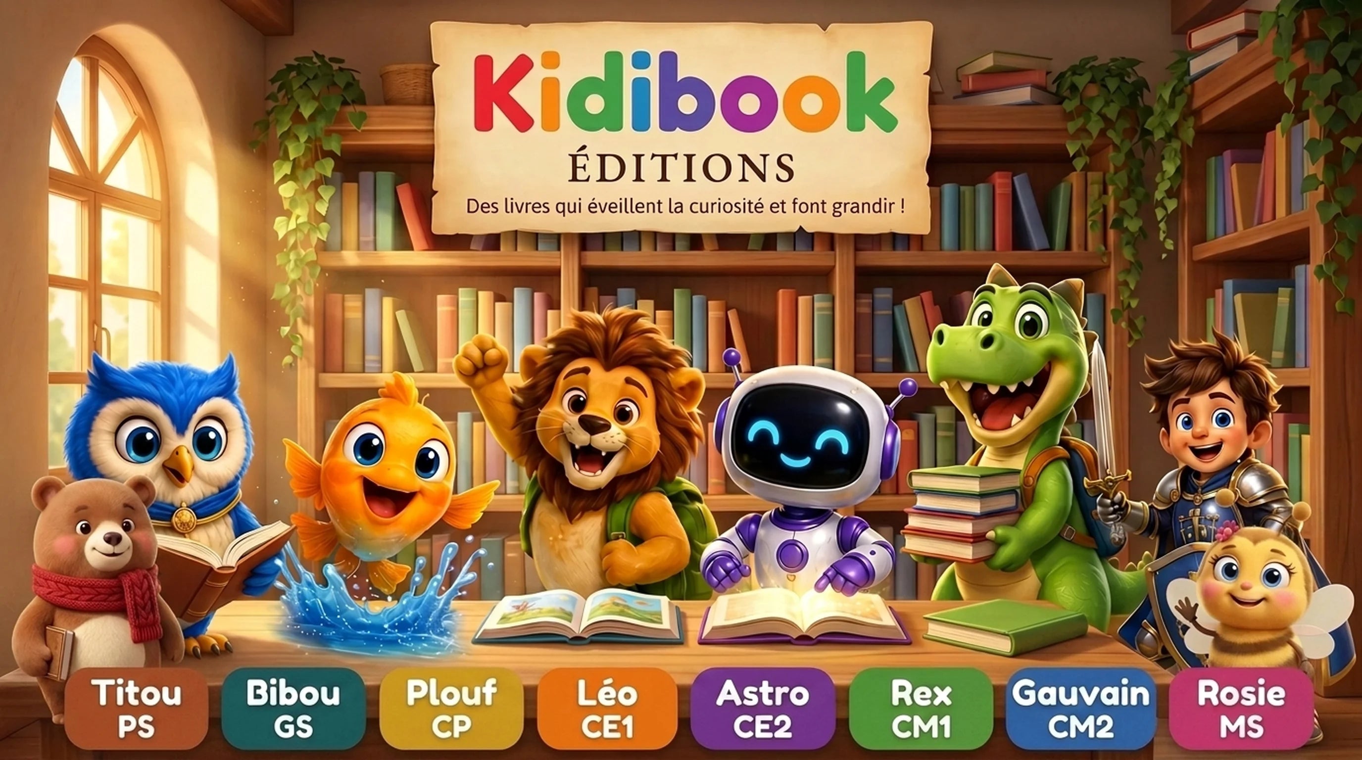 Les six mascottes Kidibook vous accueillent dans leur librairie chaleureuse