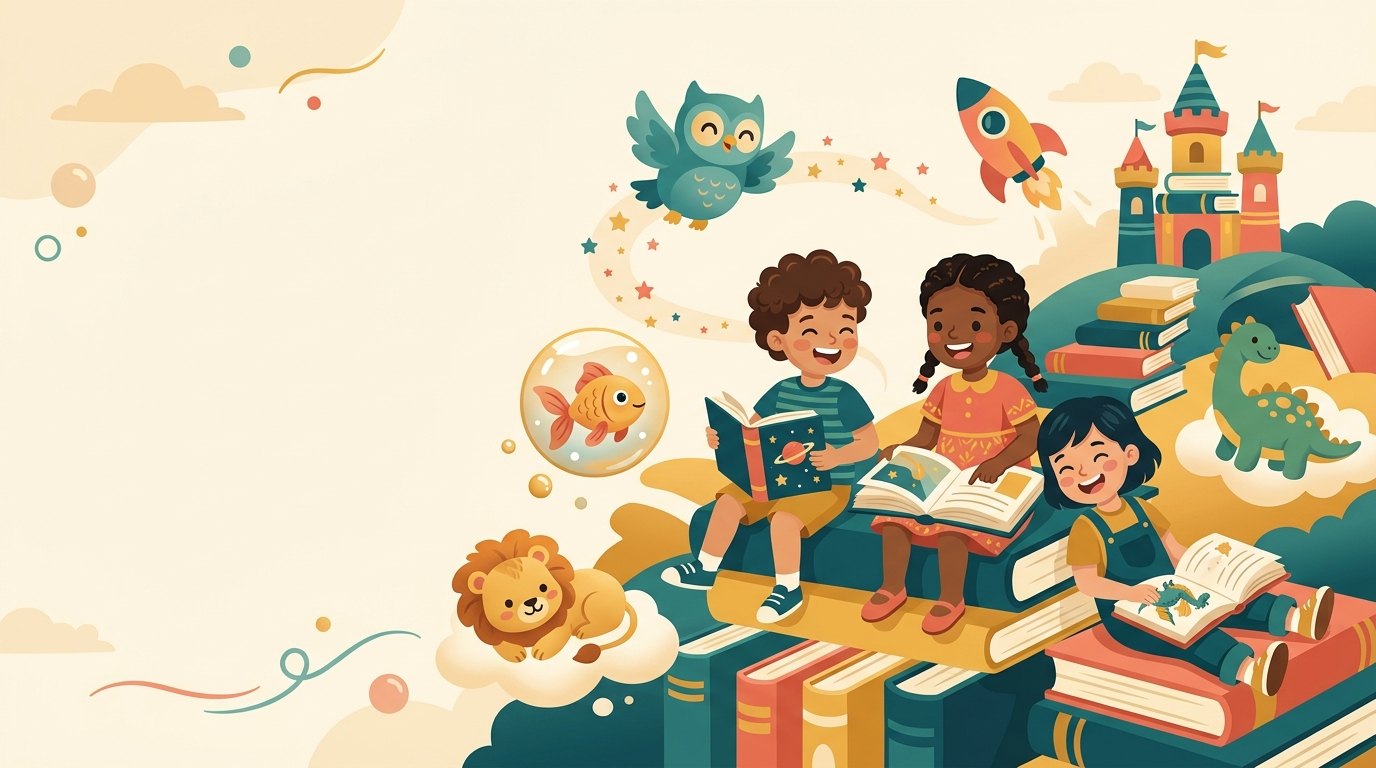 Des enfants lisent des livres Kidibook entourés des mascottes